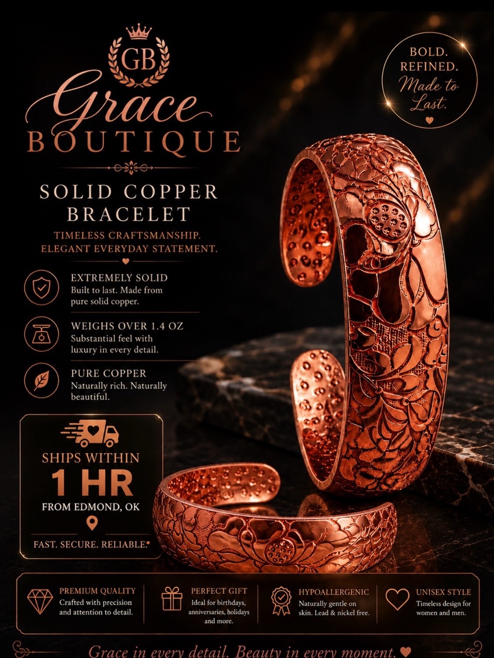 Solid Copper Cuff Bracelet - Copper